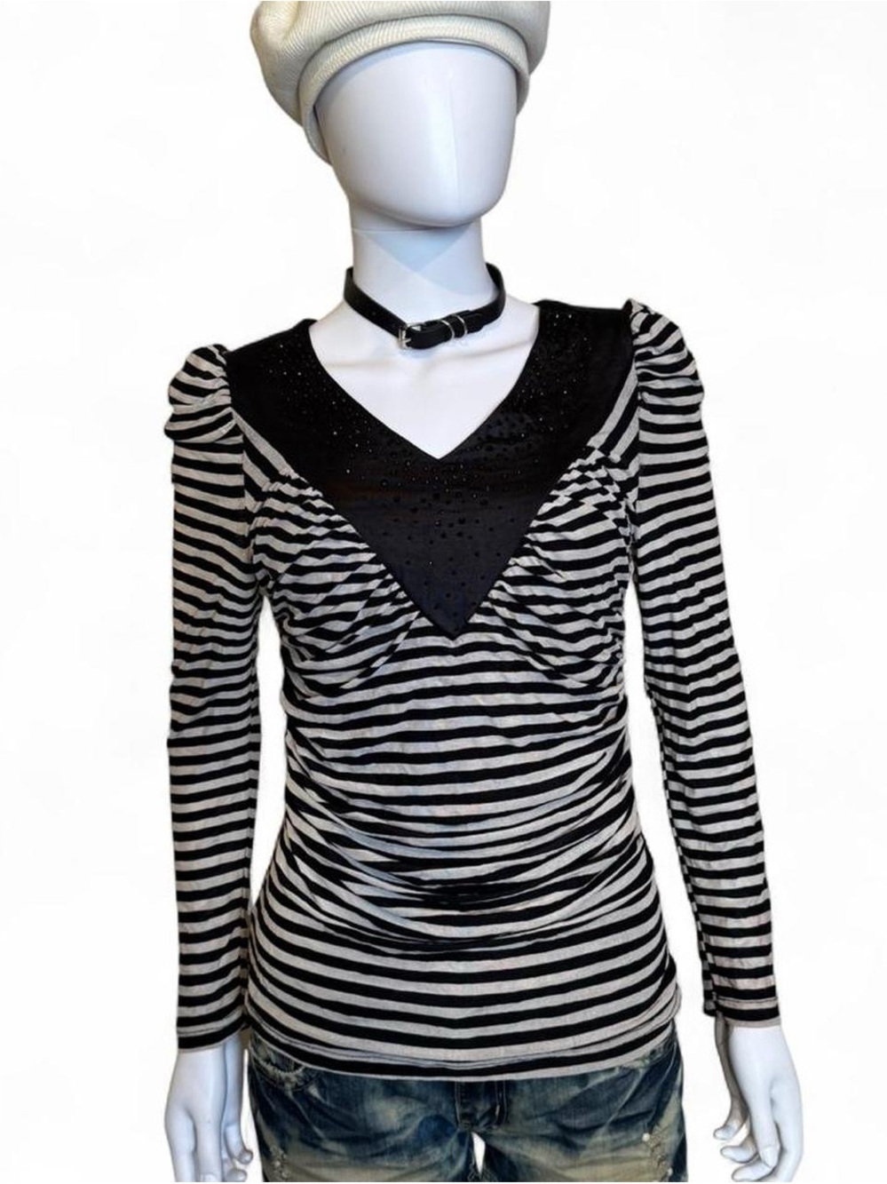 Women's Black & White Striped Long-Sleeve Top with V-Inset